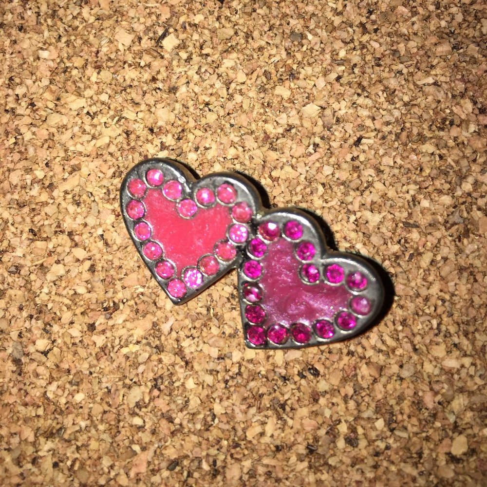 Double heart enamel and crystal pin / brooch